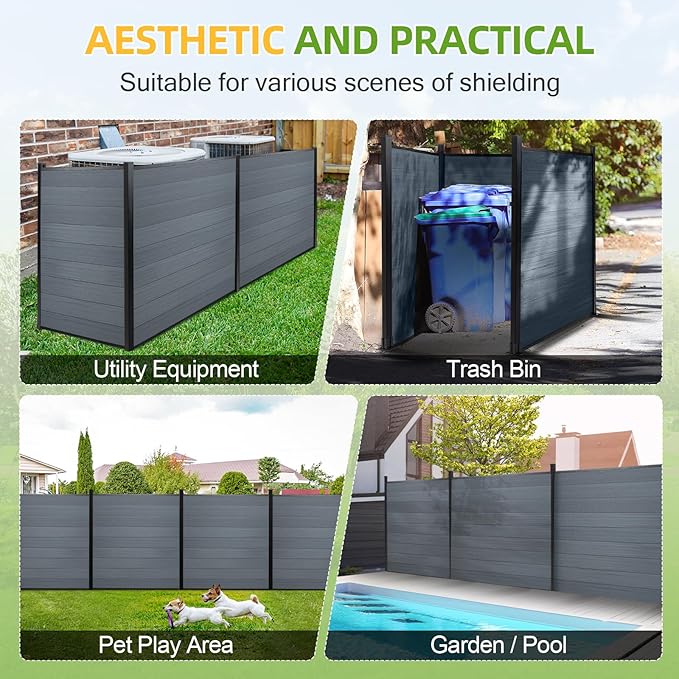 Mondaria Fence Privacy Screen with 8ft In-ground Posts, 6ft(H) x48t(W) Wood Plastic Composite Fence Panels Weather-Resistant Outdoor Fence for Backyard/Garden (Gray, 9 Posts)