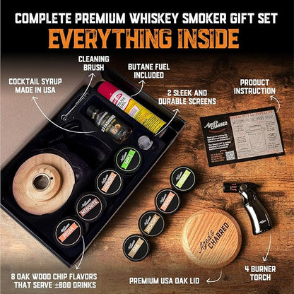 Whiskey Smoker Kit with Torch and Butane and Old Fashioned Syrup - 8 Flavors Wood Chips, 100% USA Oak, High-End Set - Old Fashioned Bourbon Cocktail Smoker Kit Gift for Men Dad