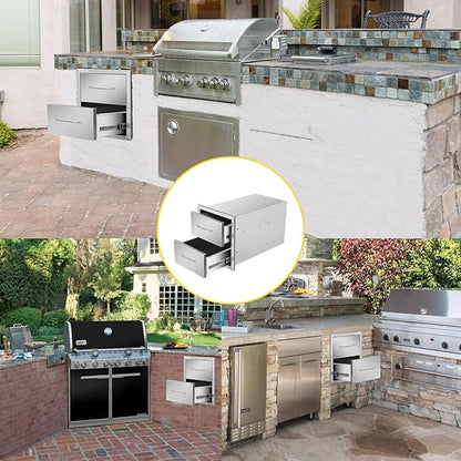 Outdoor Kitchen Drawers 14" W x 15" H x 23" D Flush Mount Double BBQ Drawers with Chrome Handle Stainless Steel Drawer for Outdoor Kitchen Island, Patio Grill Station