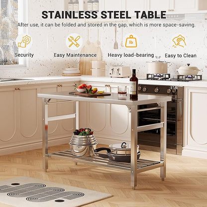 48''x24'' Stainless Steel Folding Preparation Table with Adjustable Undershelf, NSF Commercial Heavy-Duty Workbench, for Kitchen, Hotel, Home, Outdoor Cooking Table