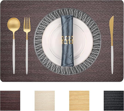 PIGCHCY Waterproof PVC Place Mats Set of 6, Non-Slip Faux Leather Placemats Rattan Pattern Surface Table Mats for Wedding/Birthday Party/Kitchen (18"x12", Brown)