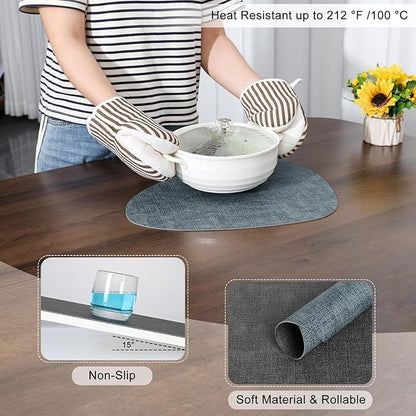 Placemats and Coasters, Washable Reversible Placemats Round Faux Leather Wipeable Place Mats Non Slip Heat Resistant Indoor Outdoor Table Mats (Set of 4, Gray Light Blue)