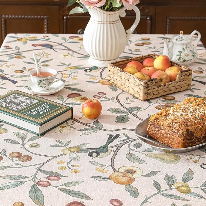 Linen Table Cloth Rectangle,Wrinkle Resistant French Pink Tablecloth Print with Froal,Decor Stitch Table Cloth for Thanksgiving,Dining Room,Home,Kitchen 63" × 94"-Dewey A