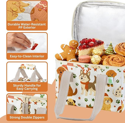 VENO 2 Pack Christmas Insulated Lunch Bag, Heavy Duty Insulated Grocery Bags, Small Cooler with Water-Resistant PP Exterior for Work, Picnic, Travel, Easy-Clean (Holiday Pups, 2 Pack)