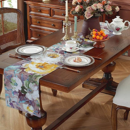 Double-Sided Table Runner - Reversible Oil Painting & Banana Leaf Design, Waterproof Linen Cotton for Dining Table Decor, Holiday Home Decoration（Pruple）