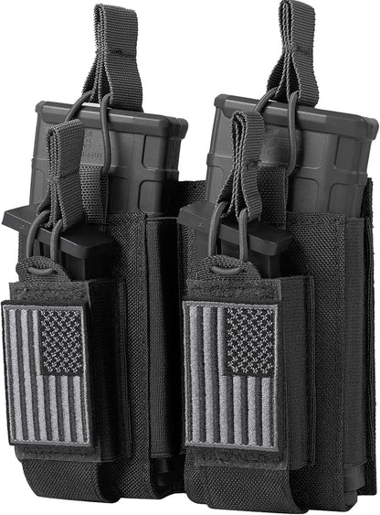 Open-Top Single/Double/Triple Molle Mag Pouch for 5.56mm M4 M16 AK AR Glock M1911 9mm Elastic Rifle Magazines Pistol Mag Pouches Holder Carrier with USA Flag Patch