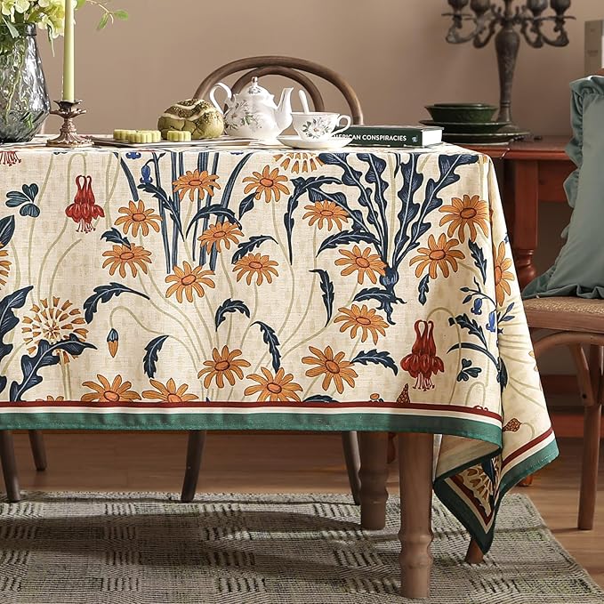 French Vintage Rectangular Tablecloth,Linen Extra Long Tablecloth with Gold and Red Floral Pattern,Decorative Table Cover for Kitchen,Dining,Thanksgiving,Living Room,67" × 118"-Tijuana