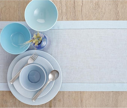 Solino Home Linen Light Blue Table Runner 108 Inches Long - 100% Pure Linen 14 x 108 Inch Table Runner for Winter, Spring, Easter - Classic Hemstitch