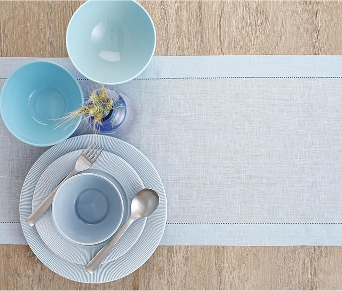 Solino Home Linen Light Blue Table Runner 36 Inches - Classic Hemstitch, 100% Pure Linen Coffee Table Runner 14 x 36 Inch Ideal for Dresser Tables, Spring, Easter