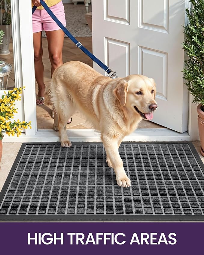 DEXI Front Door Mat Outside Entrance, 17x29 Rubber Entry Doormat Heavy Duty, Welcome Mats Non Slip for Inside House Floor Entryway Double Doors Exterior Patio, Checkered Grey