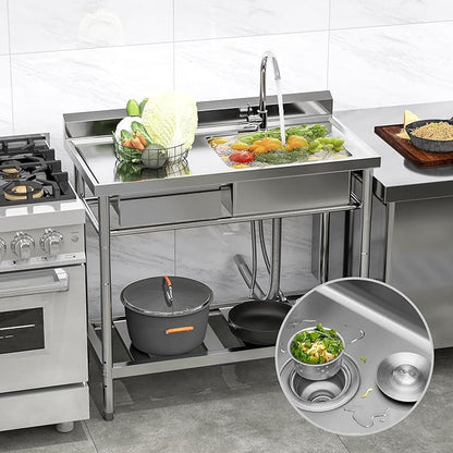 Stainless Steel Utility Sink, 39'' Free Standing Single Bowl Kitchen Sink with Drawer, Cold and Hot Water Pipe, Indoor and Outdoor for Laundry Room Farmhouse Kitchen(39 inch)