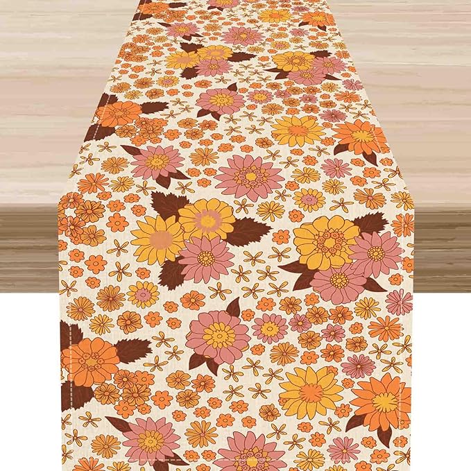 Groovy Floral Table Runner, Retro 70s Hippie Floral Funky Orange Floral Trippy Coffee Table Center Decor for Home Kitchen Dining Patio Holiday Party Indoor Outdoor Table Decorations, 13"x108" Inch