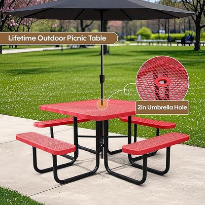 46'' Square Metal Picnic Table for Outdoors, Commercial Steel Metal Picnic Tables, Heavy Duty Sturdy Picnic Tables Furniture Set for Patio Garden Courtyard BBQ, with Umbrella Hole, Red