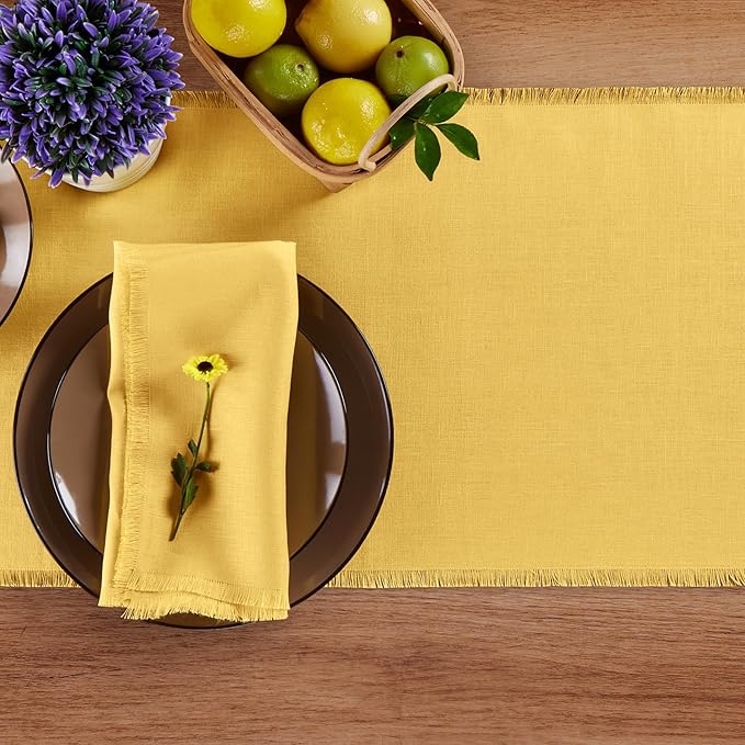 Solino Home Linen Fringe Table Runner 120 Inches Long - 100% Pure Linen Marigold Yellow Table Runner 14 x 120 Inch for Spring, Easter
