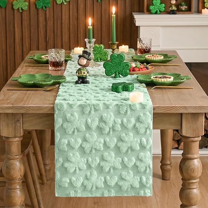 Artoid Mode Sage Green Soft Plush Faux Fur Jacquard Heart Clover St. Patrick's Day Table Runner, Seasonal Kitchen Dining Table Decoration for Home Party Decor 13x48 Inch