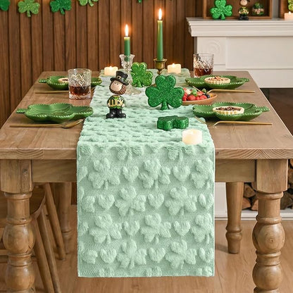 Artoid Mode Sage Green Soft Plush Faux Fur Jacquard Heart Clover St. Patrick's Day Table Runner, Seasonal Kitchen Dining Table Decoration for Home Party Decor 13x36 Inch
