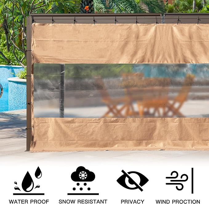 Domi Heavy Duty Outdoor Clear Panel Curtain, 18 oz Waterproof PVC Polyester Curtain, Weather Resistant & Tearproof for Patios, Gazebos, Pergolas, Privacy Screen (10'H x 7'W, Brown)