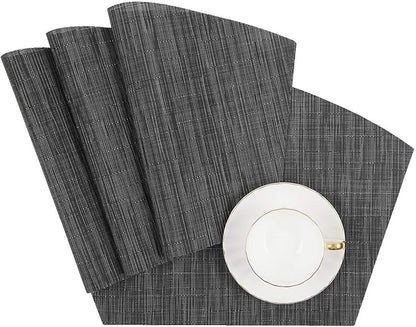 SHACOS Small Round Table Placemats Wedge Placemat Set of 4 Non Slip Heat Resistant Woven Vinyl Table Mats Wipe Clean Indoor Outdoor (4, Black Gray)