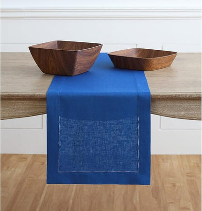 Solino Home Linen Royal Blue Table Runner 60 Inches - Classic Hemstitch, 100% Pure Linen Coffee Table Runner 14 x 60 Inch Ideal for Dresser Tables, Spring