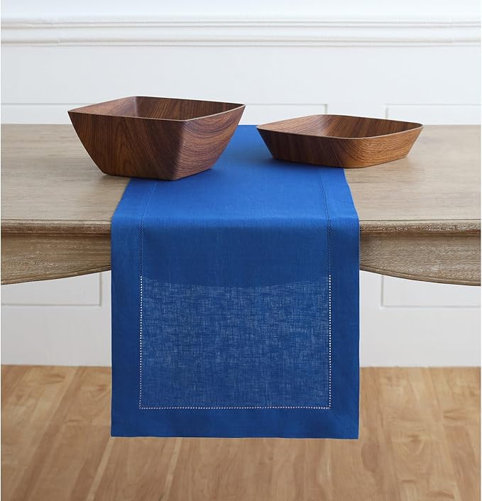 Solino Home Linen Royal Blue Table Runner 108 Inches Long - 100% Pure Linen 14 x 108 Inch Table Runner for Winter, Spring - Classic Hemstitch