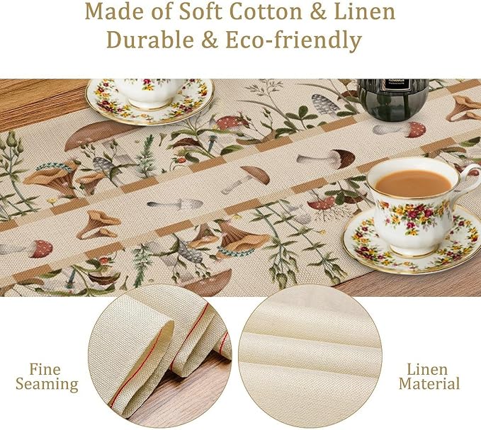 Wild Mushroom Table Runner, Retro Floral Plants Botanical Print Table Cover for Kitchen Dining Table Wedding Home Party Decor, 13x70inch