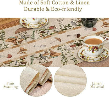 Wild Mushroom Table Runner, Retro Floral Plants Botanical Print Table Cover for Kitchen Dining Table Wedding Home Party Decor, 13x108inch
