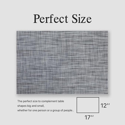 Placemats Set of 6 - Easy Clean Woven Vinyl Placemats for Dining Table, Indoor/Outdoor Place Mats, Washable PVC Table Mats（Dark Gray）