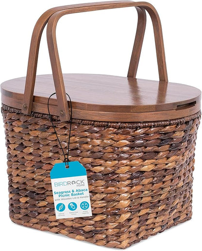 BirdRock Home Seagrass and Abaca Picnic Basket with Wood Lid | Hand Woven | Espresso | Decorative Latch | Wooden Top | Home Décor | Folding Handles