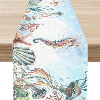 Summer Beach Table Runner, Blue Sea Coastal Nautical Turtle Jellyfish Seashell Ocean Table Runner Seasonal Holiday Home Kitchen Dining Table for Home Party Decor 13"x90"