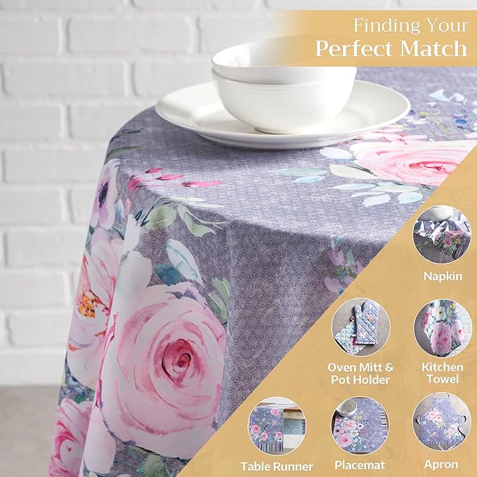Maison d' Hermine Table Cloth Round Table 100% Cotton 69 Inches Tablecloth Reusable Decorative for Dining Room, Farmhouse, Home, Party, Festive & Wedding Spring Summer - Sweet Rose Lavender - Lush