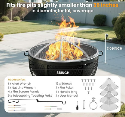 Fire Pit Spark Screen 36 Inch Round, Heavy Duty Stainless Steel Outdoor Fire Pit Screen Cover with Foldable Hook & Marshmallow Sticks, Mesh Spark Protector for Backyard, Camping, Beach