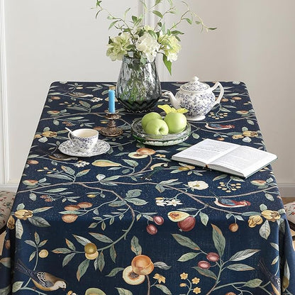 Linen Square Blue Tablecloth,Wrinkle Resistant French Vintage Tablecloth Print with Foral,Decor Table Cloth for Thanksgiving,Dining Room,Home,Kitchen 55" × 55"-DeweyA Blue