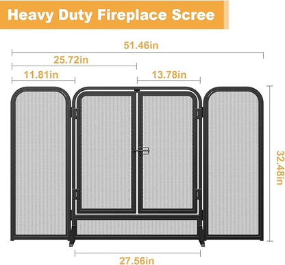 Mr IRONSTONE 3 Panel Fireplace Screen 51.5" W x 32.5" H Modern Foldable with Wrought Metal Decorative Mesh, Heavy Duty Fire Spark Guard Cover for Home Decor Indoor, Black