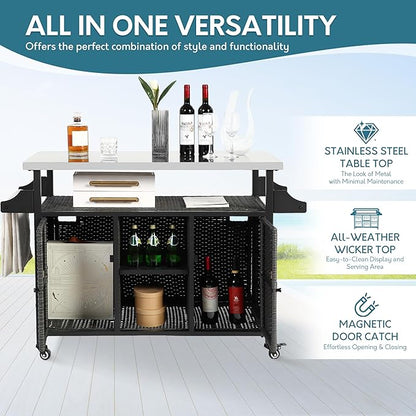 Outdoor Wicker Grill Cart with Storage Cabinet, Outdoor Moveable Bar with Rolling Wheels, Patio Prep Table with Wicker Cabinet, Kitchen Buffet Cabinet with Island, Grey