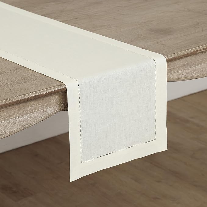 Solino Home Linen Ivory Table Runner 144 Inches Long - 100% Pure Linen Extra Long Table Runner 14 x 144 Inch for Spring, Easter - Classic Hemstitch