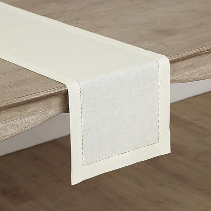 Solino Home Linen Ivory Table Runner 90 Inches Long - 100% Pure Linen Hemstitch 14 x 90 Inch Table Runner for Dining, Spring, Easter - Classic Hemstitch