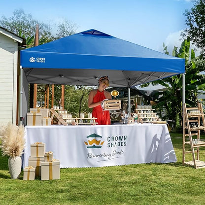 CROWN SHADES 12x12 Pop Up Canopy Tent Instant Commercial with 150D Silver Coated Fabric Including 1 Removable Sidewall, 4 Ropes, 8 Stakes, Weight Bags, STO 'N Go Bag, Blue