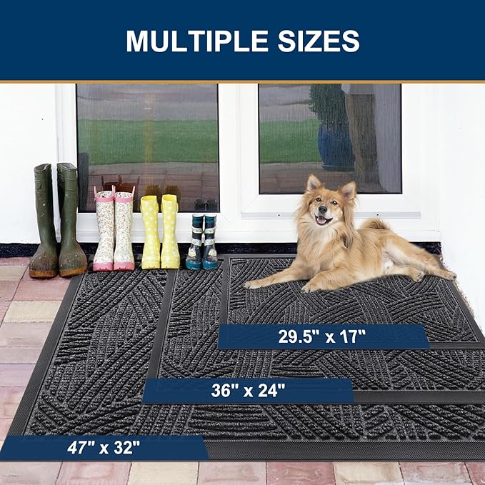 Smiry Front Door Mat Outside Entrance, Heavy Duty Sturdy Natural Rubber Doormat, Trap Dirt and Moisture, Easy Clean Low Profile Mats for Indoor Outdoor Entry, Interwoven Stripes (36x24, Grey)