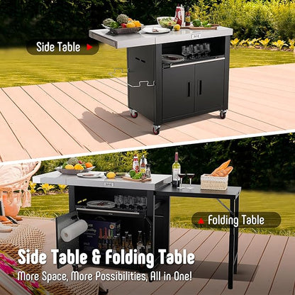 Grill Table,Outdoor Kitchen with Cabinet Outdoor Grill Table with 2 Foldable Side Tables Stainless Steel Top for Outdoor Kitchen Cabinets, Bar Cart, Movable Grill Cart with Pull-Out Plate, L74”x W24”