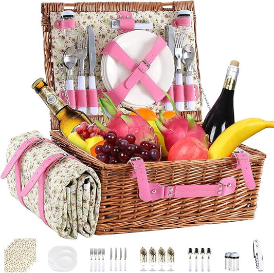 Neti Neti Wicker Picnic Basket for 4 with Insulated Cooler & Waterproof Blanket – Large Willow Picnic Hamper for Outdoor, Camping, Beach, Romantic Dates, Valentine’s Day