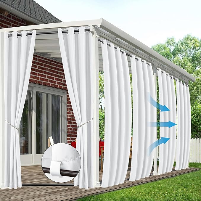 HolidayIdeas Outdoor Curtains for Patio Waterproof 6 Panels 54x95 Inch-Windproof Weatherproof Privacy White Curtains-Grommet Top and Tab Bottom Drape for Gazebo, Porch, Pergola, Cabana, Backyard