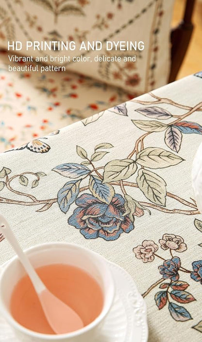 ISAENNE Designer French Light Beige Table Cloth for Rectangle Table,Linen Florals and Birds Pattern Tablecloth,Durable Decorative Tablecloths for Dining Thanksgiving Kitchen,55"*79"-Cornucopia