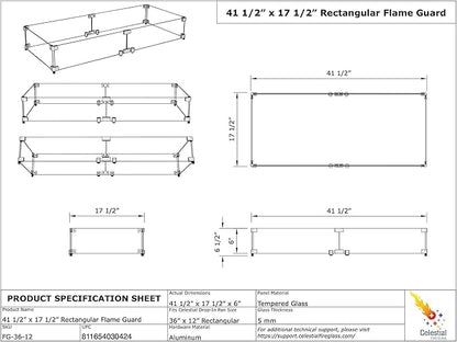 Celestial 41.25" x 17" x 6" Wind Guard, fits Celestial 36” x 12” Fire Pit Burner Pan for Gas Fire Pits