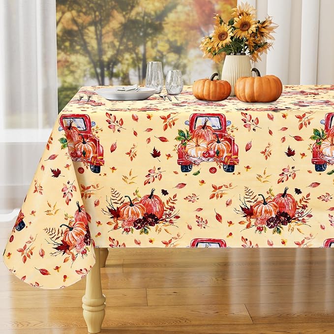 misaya Rectangle Waterproof Vinyl Table Cloth, Wipeable Tablecloth with Flannel Backing, Plastic Table Cover for Fall, Thanksgiving (Pumpkin Truck, 52" x 70")