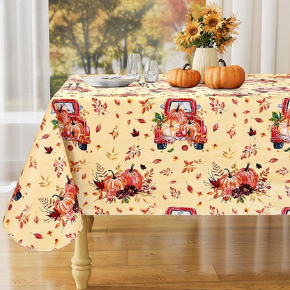 misaya Rectangle Waterproof Vinyl Table Cloth, Wipeable Tablecloth with Flannel Backing, Plastic Table Cover for Fall, Thanksgiving (Pumpkin Truck, 60" x 120")