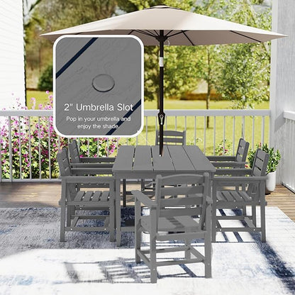7 Piece Patio Dining Set with 11ft Patio Umbrella (Apple Green), 7 Gray Outdoor HDPE Dining Set with 6 Chairs + 1 Large Table, for Market, Pool, Garden, Backyard, Deck