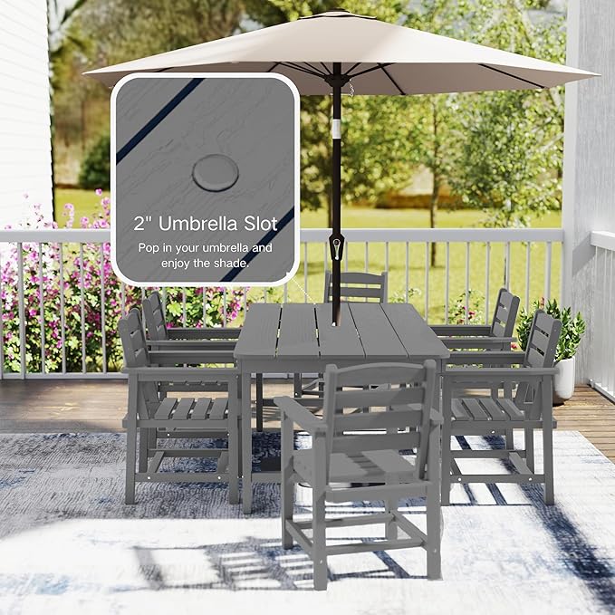 7 Piece Patio Dining Set with 11ft Patio Umbrella (Navy), 7 Gray Outdoor HDPE Dining Set with 6 Chairs + 1 Large Table with 2" Umbrella Hole, for Market, Pool, Garden, Backyard, Deck