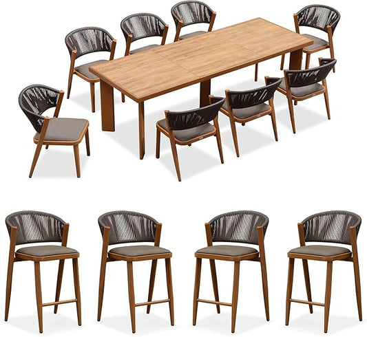 PURPLE LEAF 8-Piece Patio Dining Set Outdoor Furniture Rectangular Table and Chairs Set with Aluminum Frame and Teak-Finish for Garden Deck Backyard Kitchen Deep Teak Outdoor Set with Counter Stools