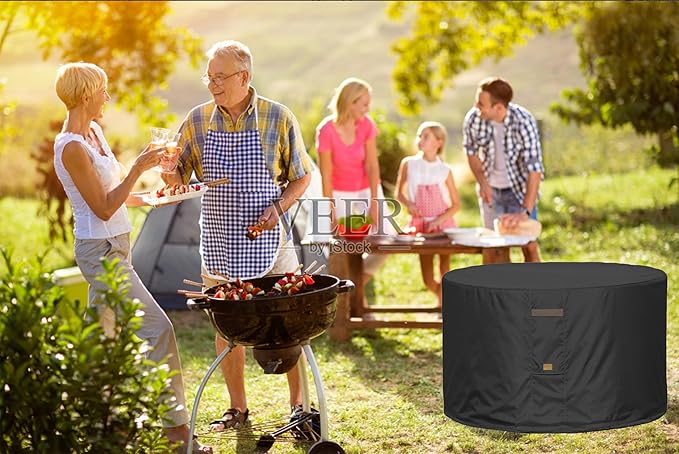 Fire Pit Cover 600D Heavy Duty Waterproof Fabric With PVC Coating Round 44" Dia x 24" H Black Fits 40-42 inch Fire Pit Table Fade Resistant Outdoor Firepit Cover