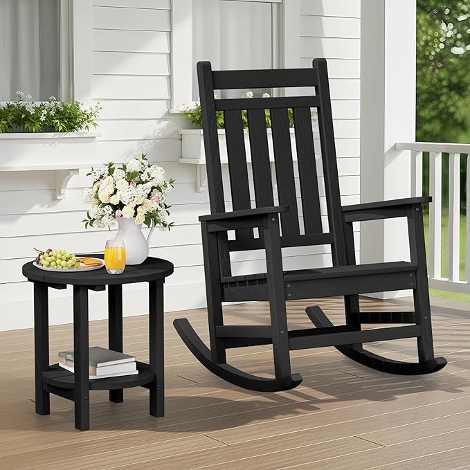 SERWALL Round Outdoor Side Table, HDPE Small Adirondack End Table,2-Tier Patio Side Table for Backyard Pool Porch Garden Lawn, Black